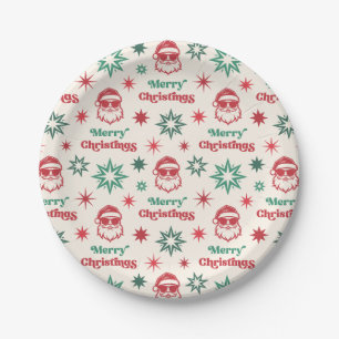 Cool Santa retro Merry Christmas party red green Paper Plate