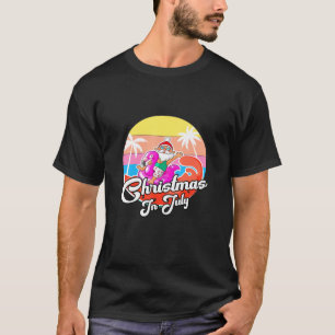 Cool Santa Riding Pink Flamingo Christmas In July T-Shirt