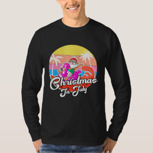 Cool Santa Riding Pink Flamingo Christmas In July T-Shirt