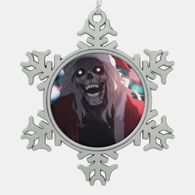 Cool Scary Creepy Skull Santa Claus Xmas Snowflake Pewter Christmas Ornament (Front)