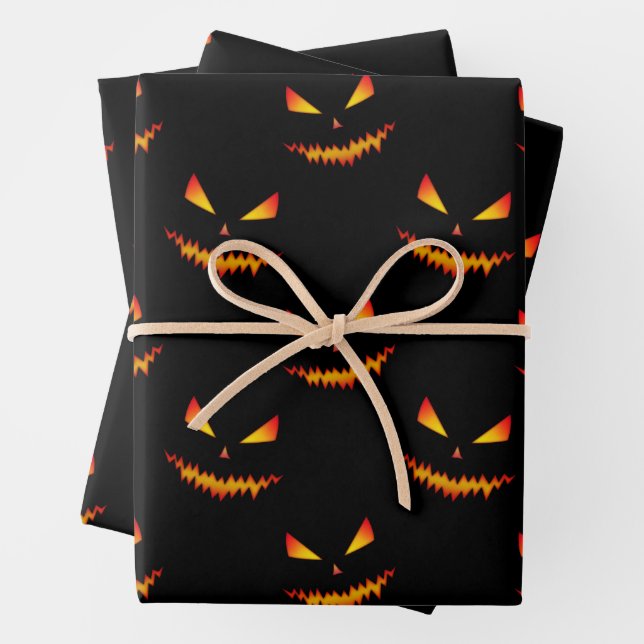 Cool scary Jack O'Lantern face Halloween pattern Wrapping Paper Sheet (In situ)