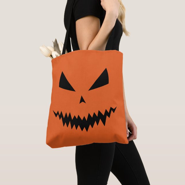 Cool scary Jack O'Lantern Halloween black orange Tote Bag (Close Up)