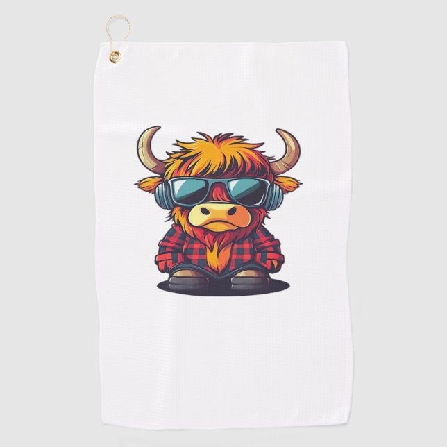 Cool Scottish Highland Cow Classic T-Shirt Golf Towel (Front)
