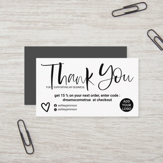 Cool script brush font black white order thank you business card (Front/Back In Situ)