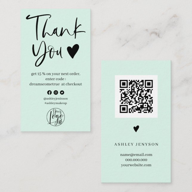 Cool script mint green logo order thank you business card (Front/Back)