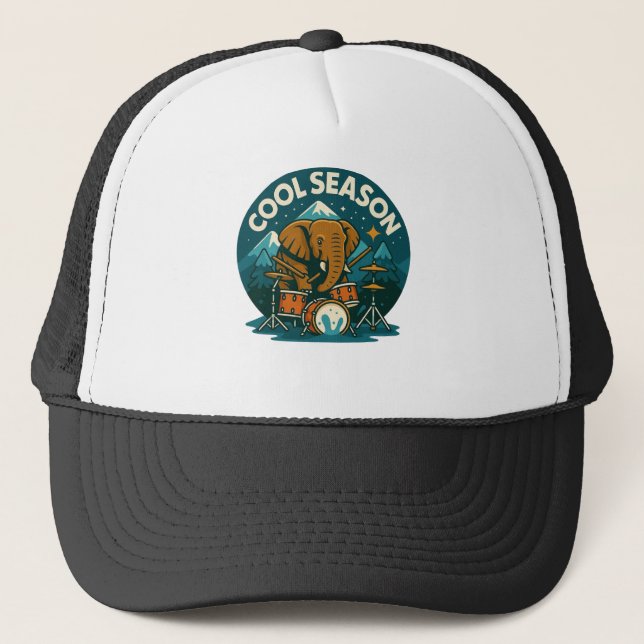 COOl SEASON Elephant Drummer Graphic Design  Trucker Hat (Front)