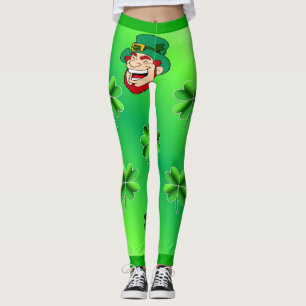 Cool Shamrock and Leprechaun Bright Green Heart Leggings