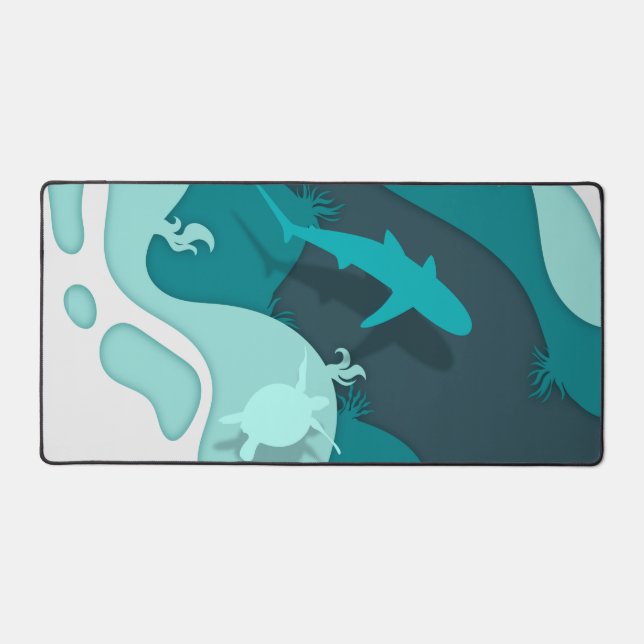 Cool Shark and Turtle Abstract Art Blue Desk Mat (Front)