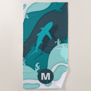 Cool Shark and Turtle Abstract Art Monogram Beach Towel