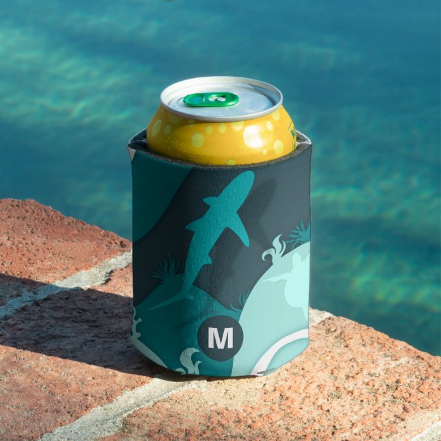 Cool Shark and Turtle Abstract Art Monogram Can Cooler (In Situ Pool)