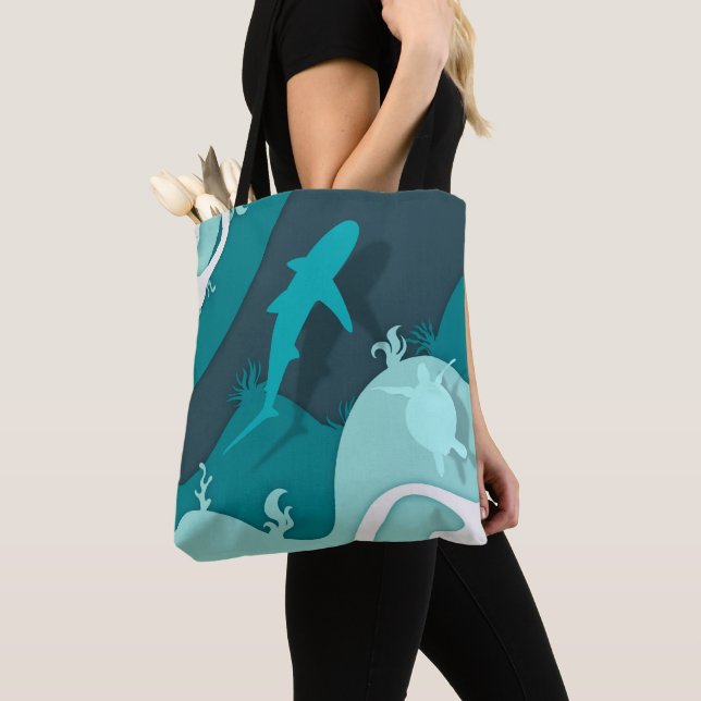 Cool Shark and Turtle Abstract Art Tote Bag (Close Up)