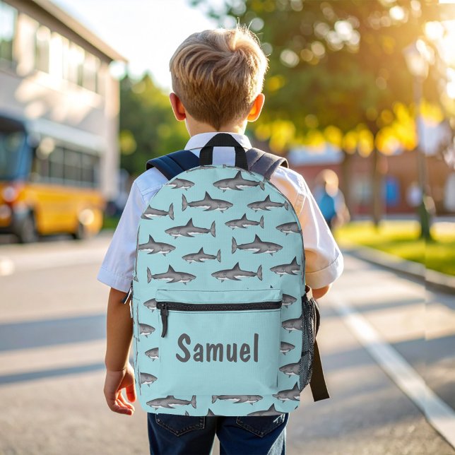 Cool Sharks Blue Ocean Personalised Printed Backpack (Cute Sharks Pattern Personalized backpack.)