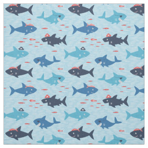 Cool sharks with pirate hats on light blue fabric