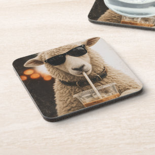 Cool Sheep Drinking Iced Coffee Coaster