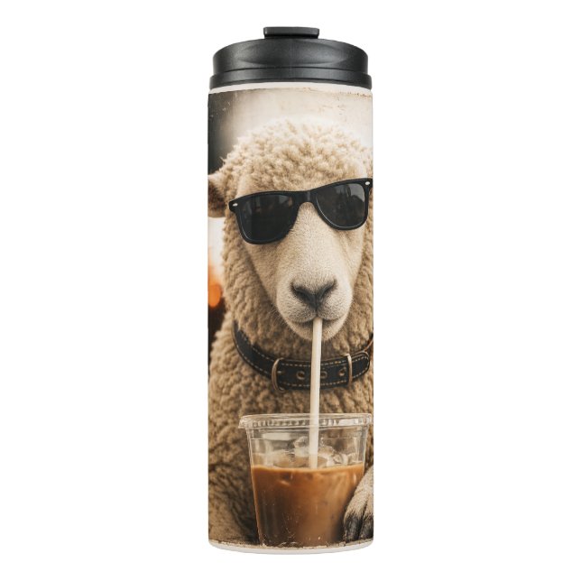 Cool Sheep Drinking Iced Coffee Thermal Tumbler (Front)