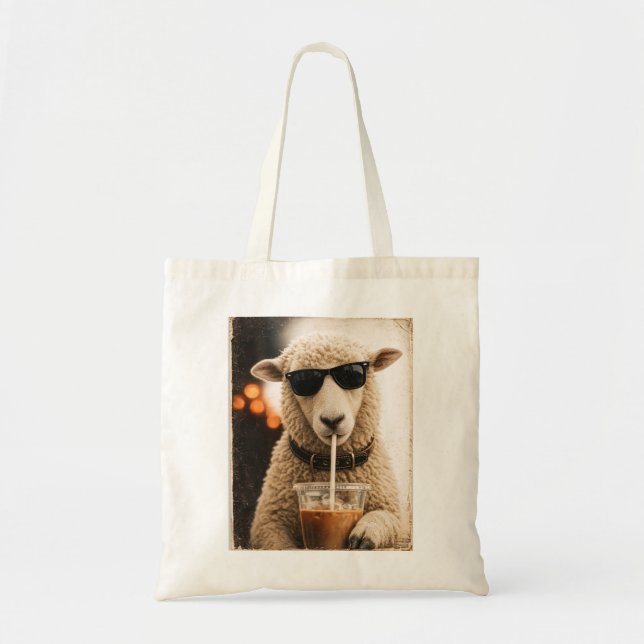 Cool Sheep Drinking Iced Coffee Tote Bag (Front)