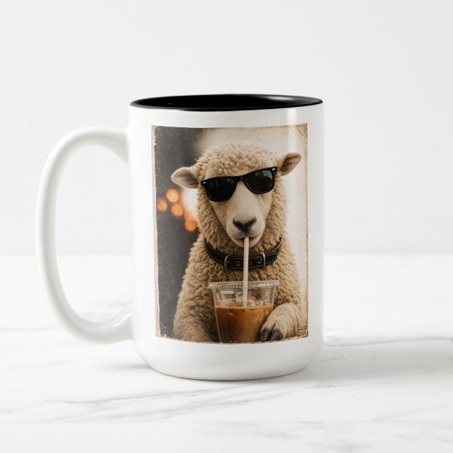 Cool Sheep Drinking Iced Coffee Two-Tone Coffee Mug (Left)