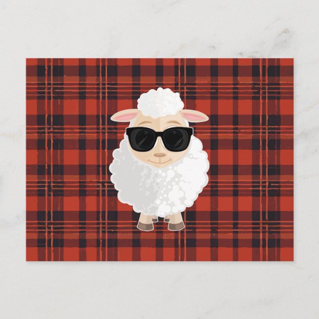 Cool Sheep Sunglasses Orange Black Plaid Cute Postcard (Front)