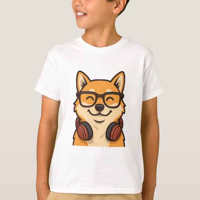 Cool Shiba Inu with Glasses & Headphones — Fun Dog T-Shirt (Front)
