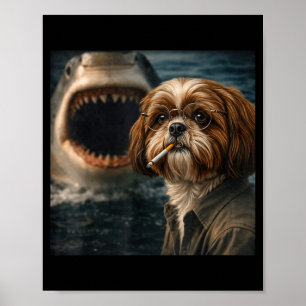 Cool shih tzu dog with shark selfie funny dark poster