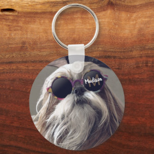 Cool Shih Tzu vintage retro glasses Photo Monogram Key Ring