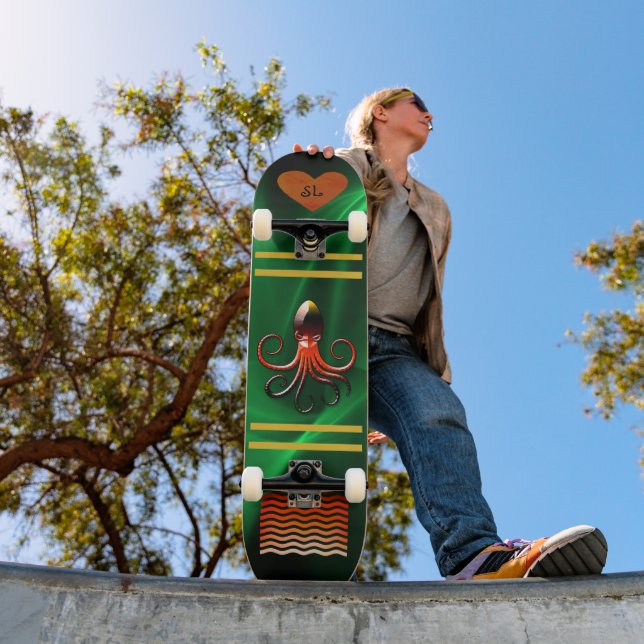 Cool Shiny Green Monogrammed Octopus Skateboard (Outdoor 1)