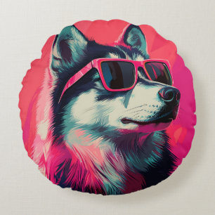 Cool Siberian Husky dog with sunglasses Round Cushion