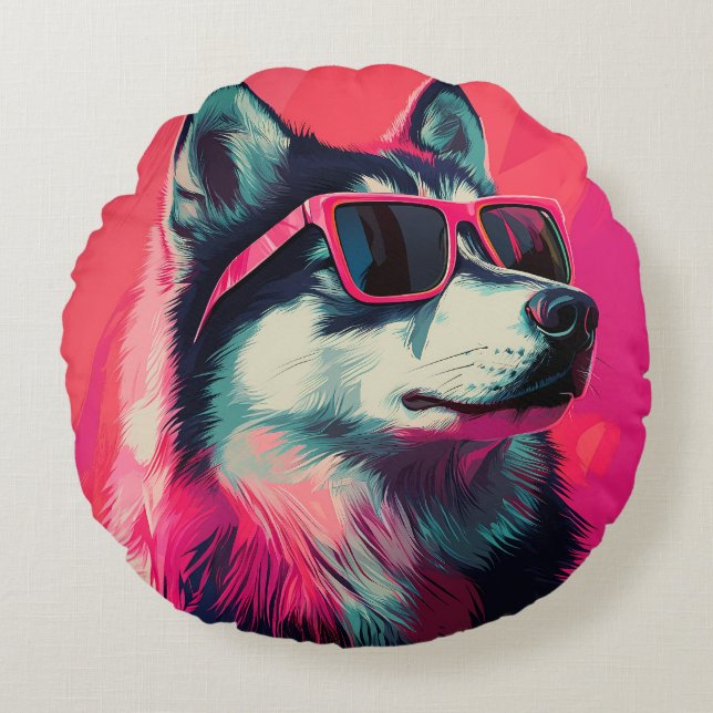 Cool Siberian Husky dog with sunglasses Round Cushion (Front)