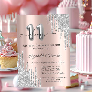 Cool Silver Drips Rose Gold 11th Birthday Invitation