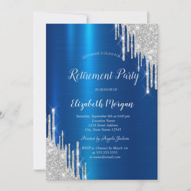 Cool Silver Glitter Drips Blue Metallic  Invitation (Front)