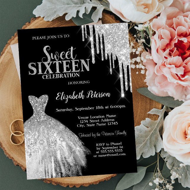 Cool Silver Glitter Drips,Dress Black Sweet 16 Invitation (Creator Uploaded)