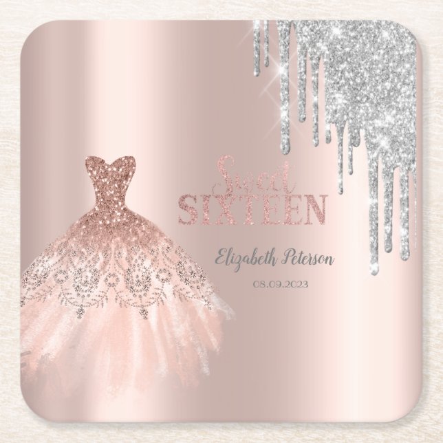 Cool Silver Glitter Drips,Dress Rose Gold Square Paper Coaster (Front)