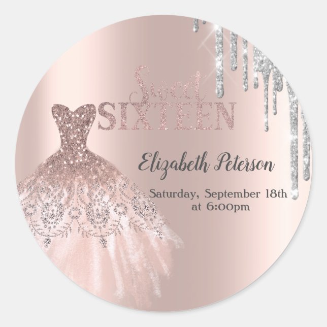 Cool Silver Glitter Drips,Dress Rose Gold Sweet 16 Classic Round Sticker (Front)