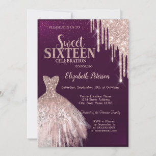 Cool Silver Glitter Drips,Dress Rose Gold Sweet 16 Invitation