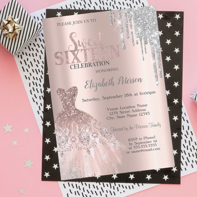 Cool Silver Glitter Drips,Dress Rose Gold Sweet 16 Invitation (Creator Uploaded)