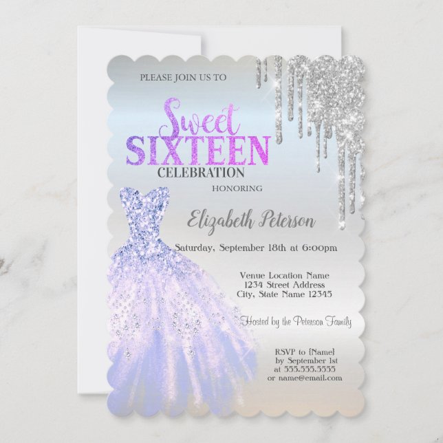 Cool Silver Glitter Drips,Dress Silver Sweet 16 Invitation (Front)