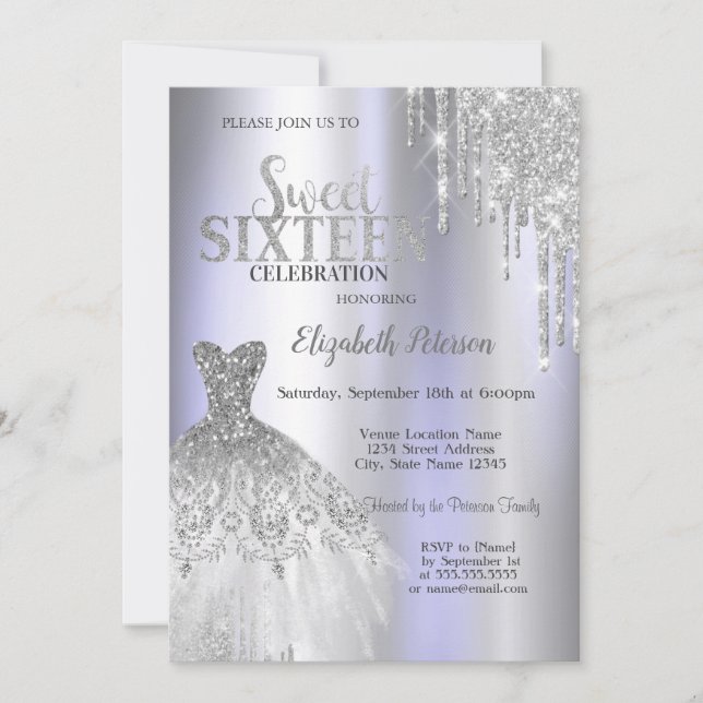 Cool Silver Glitter Drips,Dress Violet Sweet 16 Invitation (Front)