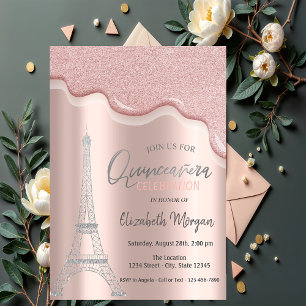 Cool Silver Glitter Drips,Eiffel Tower Quinceañera Invitation