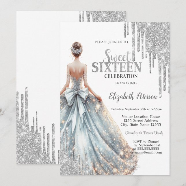 Cool Silver Glitter Drips,Girl Dress Sweet 16 Invitation (Front/Back)