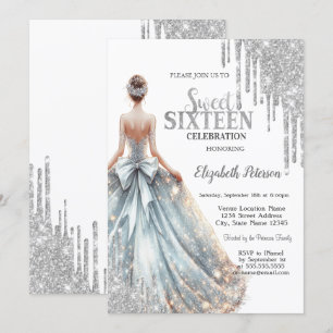 Cool Silver Glitter Drips,Girl Dress Sweet 16 Invitation