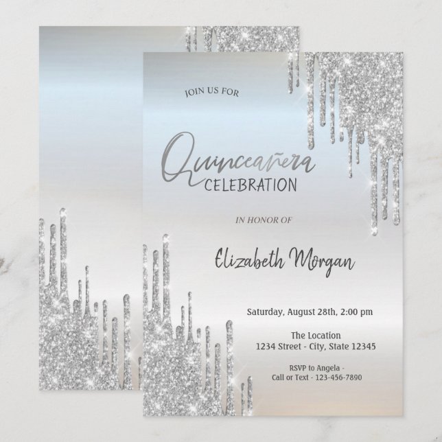 Cool Silver Glitter Drips  Quinceañera Invitation (Front/Back)