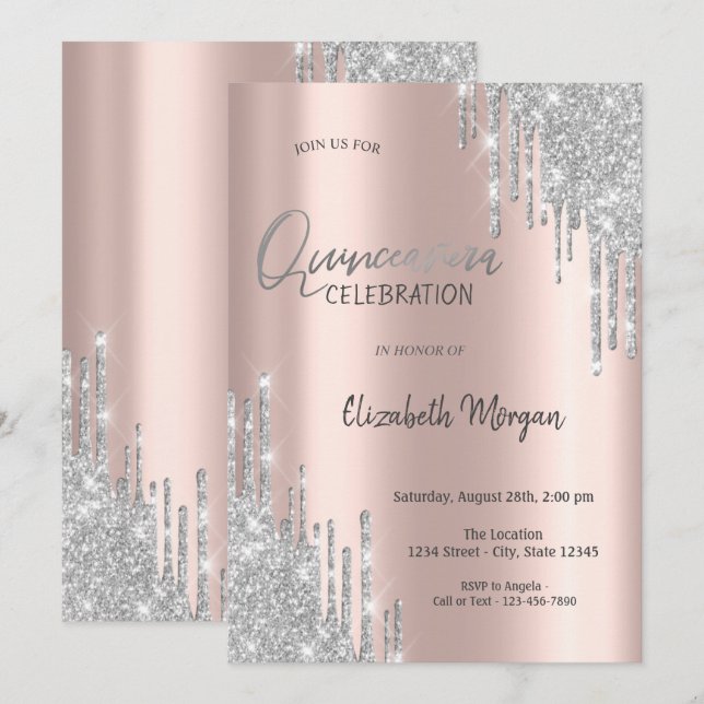 Cool Silver Glitter Drips Quinceañera  Invitation (Front/Back)
