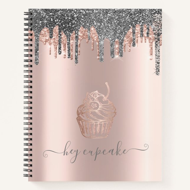 Cool Silver Glitter Drips Rose Gold Cupcake  Notebook (Front)