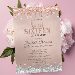 Cool Silver Glitter Drips Rose Gold  Sweet 16 Invitation