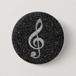 Cool silver glitter shining effects treble clef 6 cm round badge