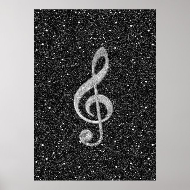 Cool silver glitter shining effects treble clef poster (Front)
