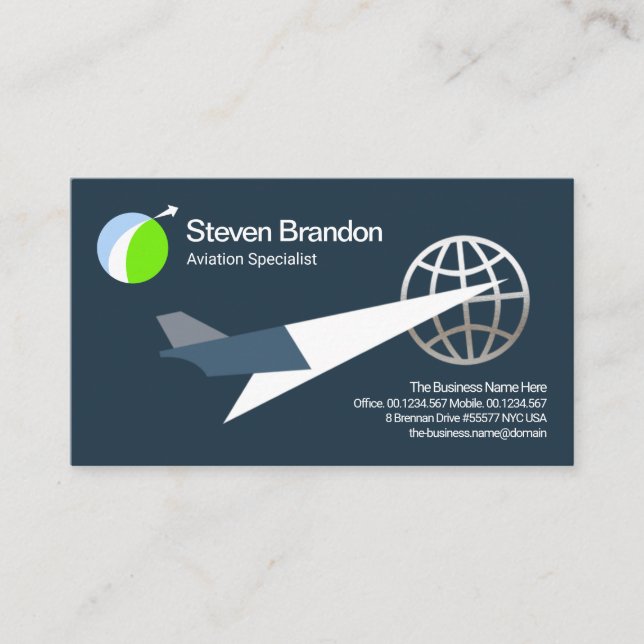 Cool Silver Globe Logistics Jet Plane Aviation Business Card (Front)