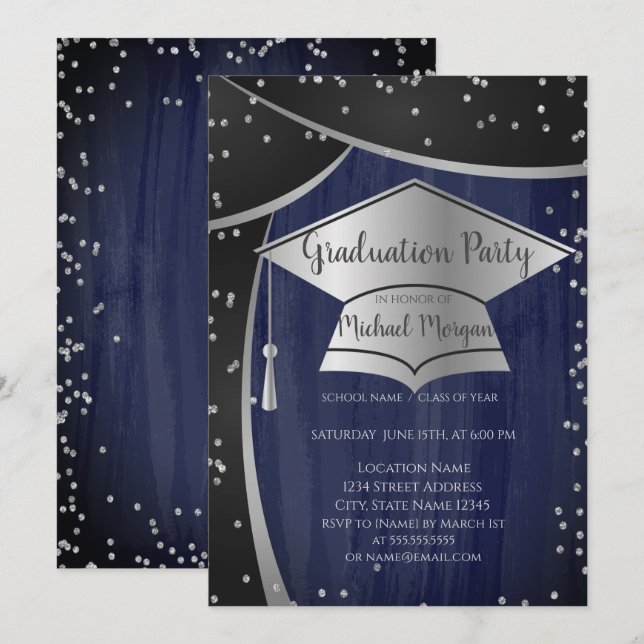 Cool Silver Graduation Cap,Diamonds Graduation Invitation (Front/Back)