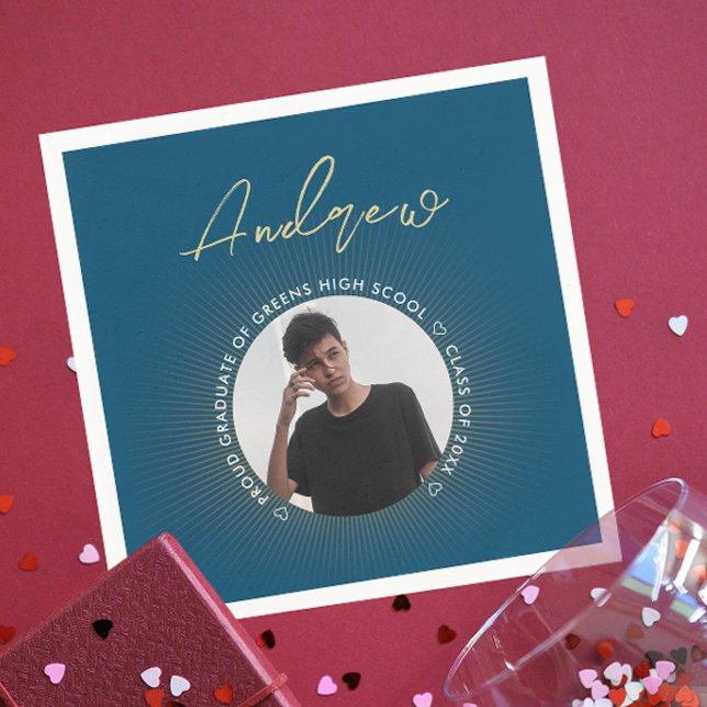 Cool Simple Blue Gold Modern Typography Grad Photo Napkin (Creator Uploaded)