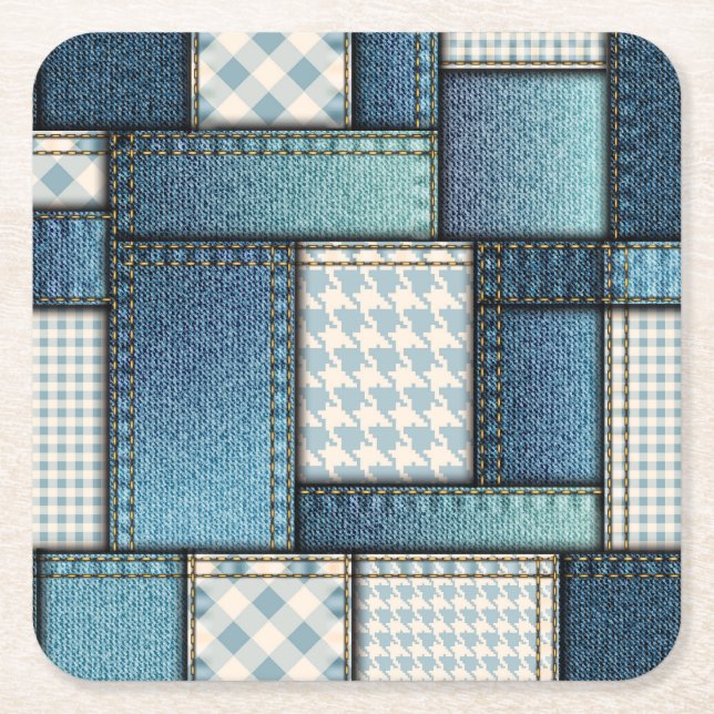 Cool Simulated Blue Denim Fabric Square Paper Coaster (Front)